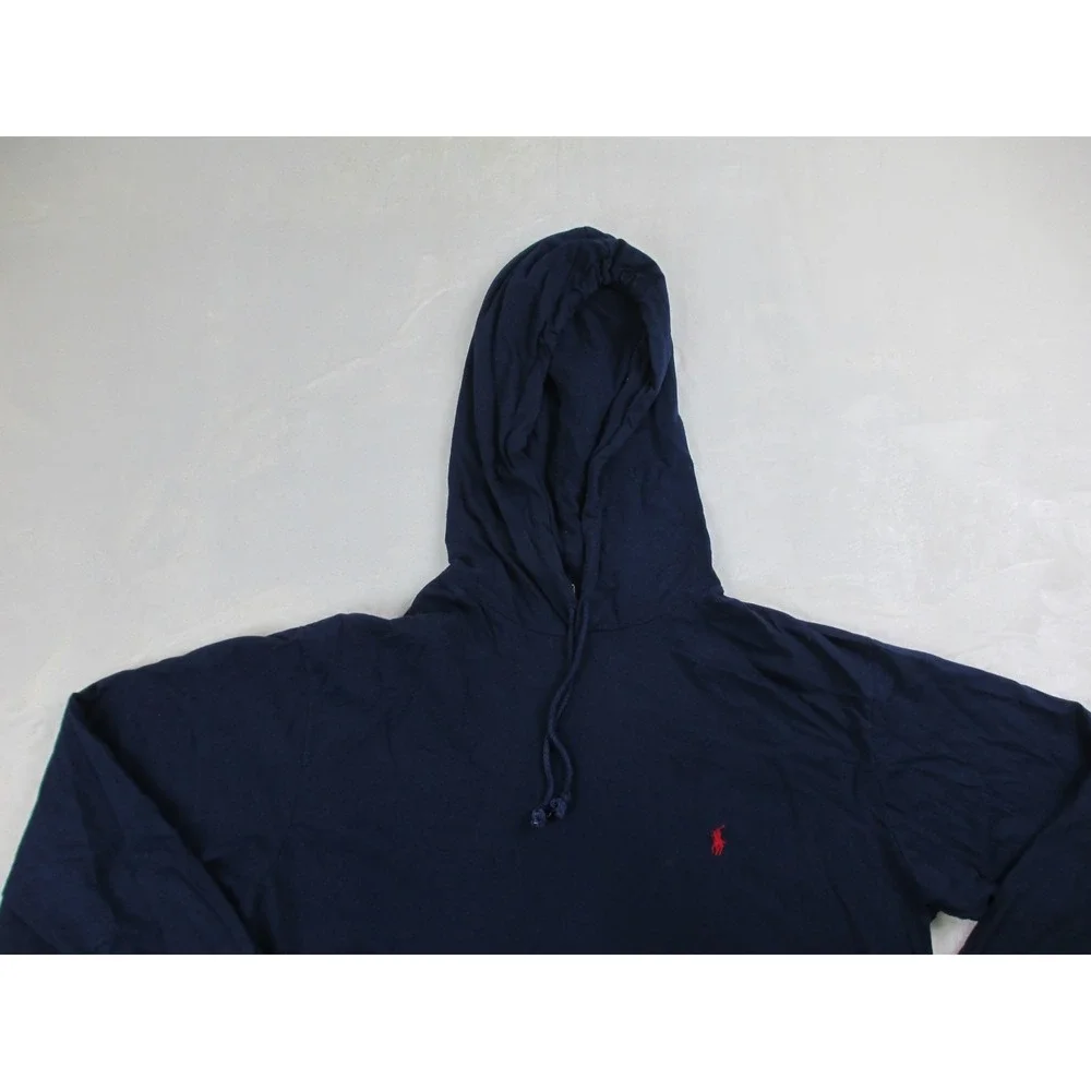 VINTAGE Ralph Lauren Shirt Mens Medium Blue Pony Long Sleeve Hooded Made In USA*